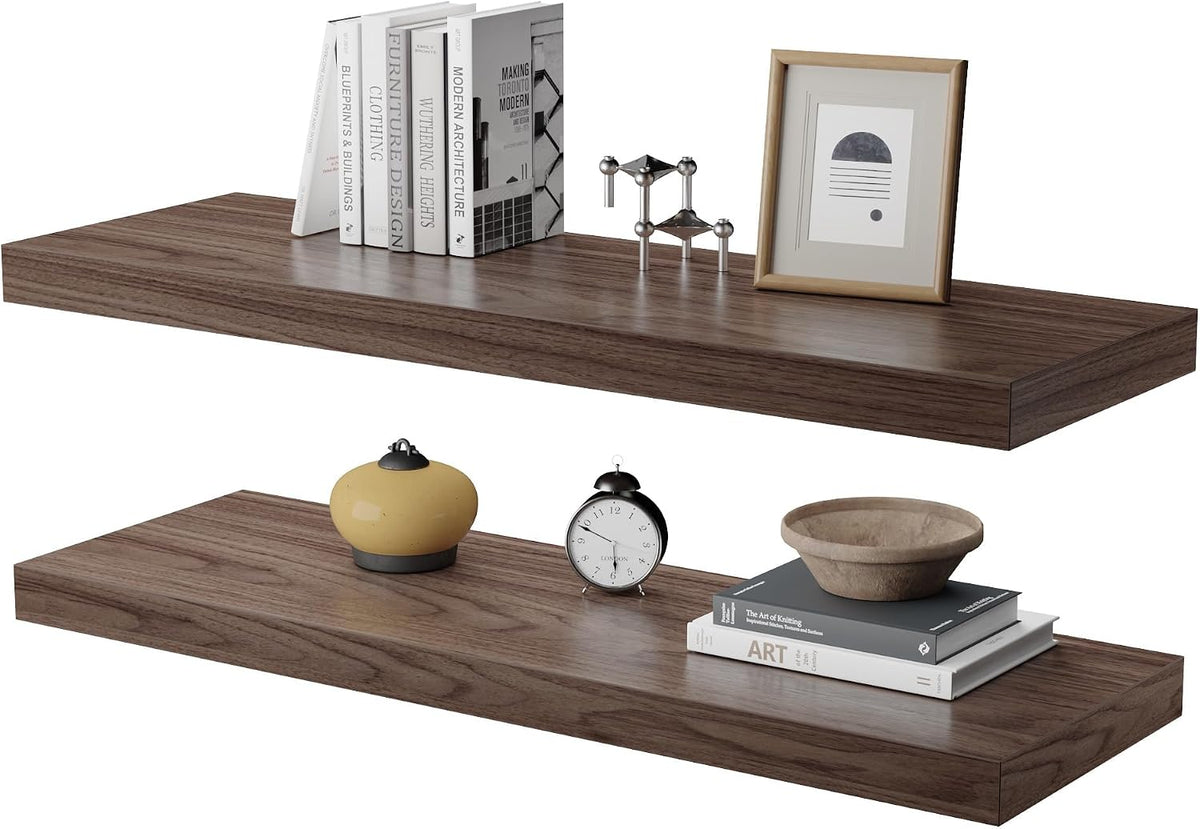 Floating Shelf, Set of 2 Wall Shelf, 24 in W x 10 in D x 1 in H Wooden Floating Wall Shelf with Invisible Brackets for Living Room/Bedroom/Bathroom/Kitchen Storage and Decor, Walnut