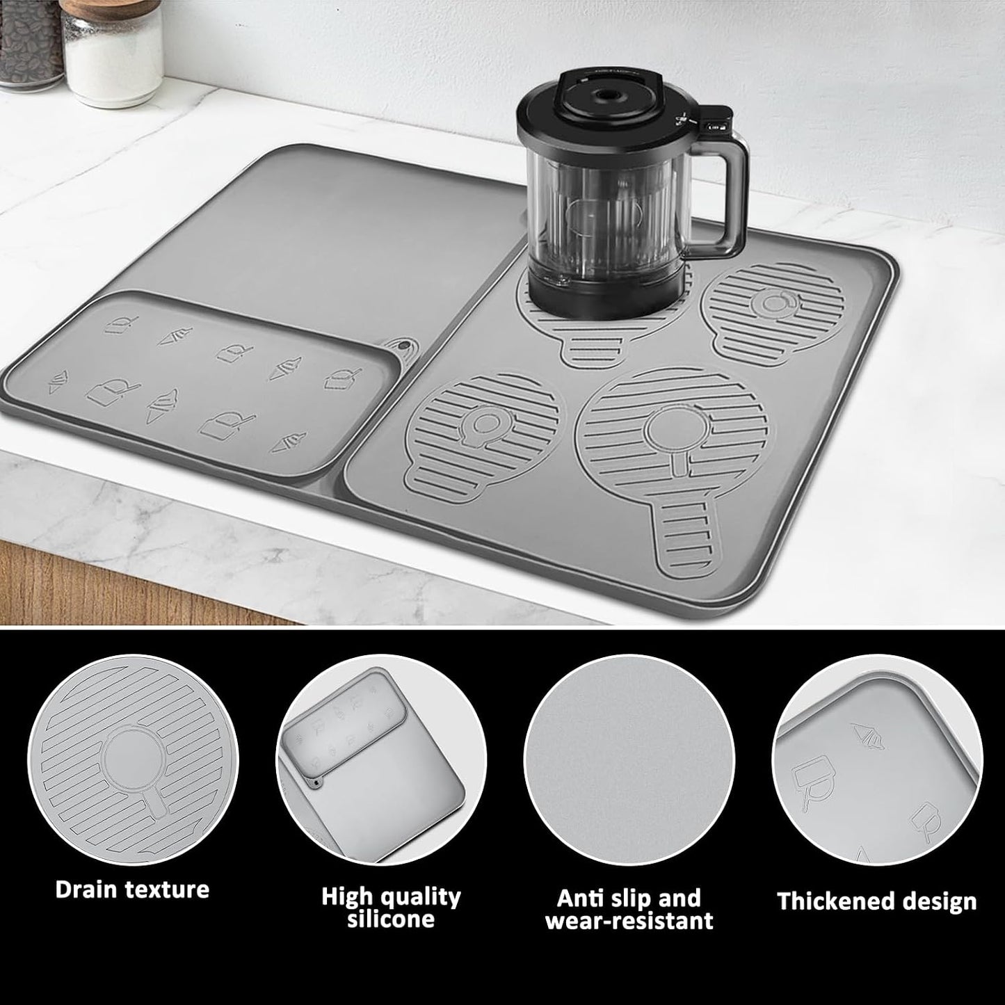 Silicone Coffee Mat 25"x16'' Large Coffee Bar Mat for Counter Station Accessories, Bar Mat with Detachable Dish Drying Mat - Fits Under Coffee Maker, Ice Cream Maker &amp; Dish Rack, 3 IN 1