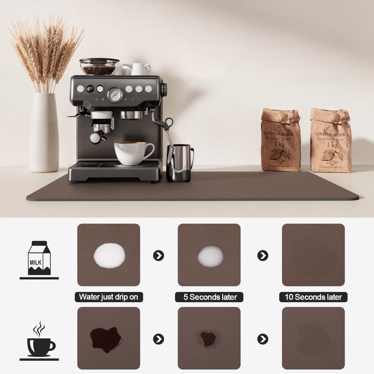 Dish Drying Mat for Kitchen Counter | Coffee Bar Mat for Countertops | Heat Resistant Drainer Mat with Non-slip Rubber Backed | Hide Stain Kitchen Absorbent Draining Mat | Brown 18"x28"