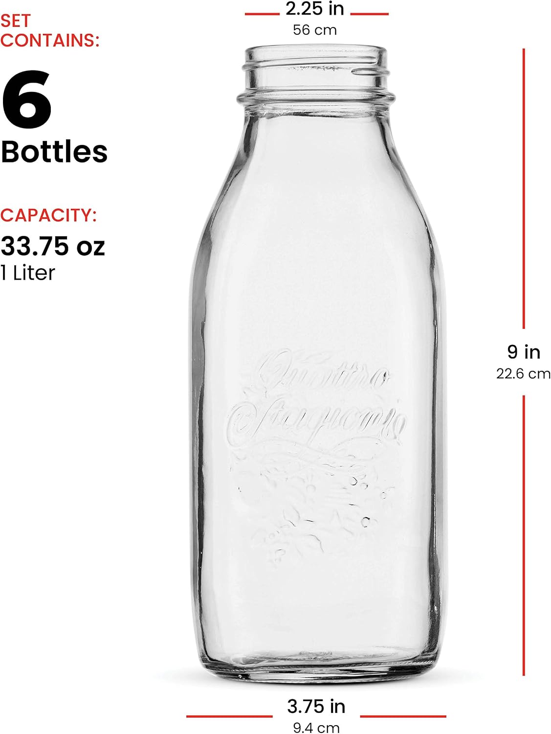 Bormioli Rocco Quattro Stagioni Glass Milk Bottle 33.75 Ounce/1 Liter with Airtight Lid, Great For Kombucha Brewing Bottle, Beer, Homemade Juicing, Smoothies, Beverages, Durable Construction. (6 Pack)