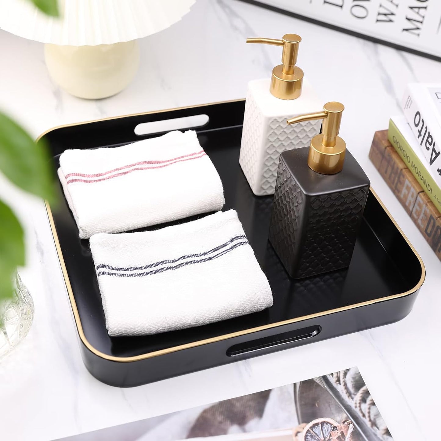 Black Square Decorative Tray with Handles, 13"*13" Versatile Serving Tray for Coffee Table, Ottoman, Ideal for Serving, Displaying, Organizing