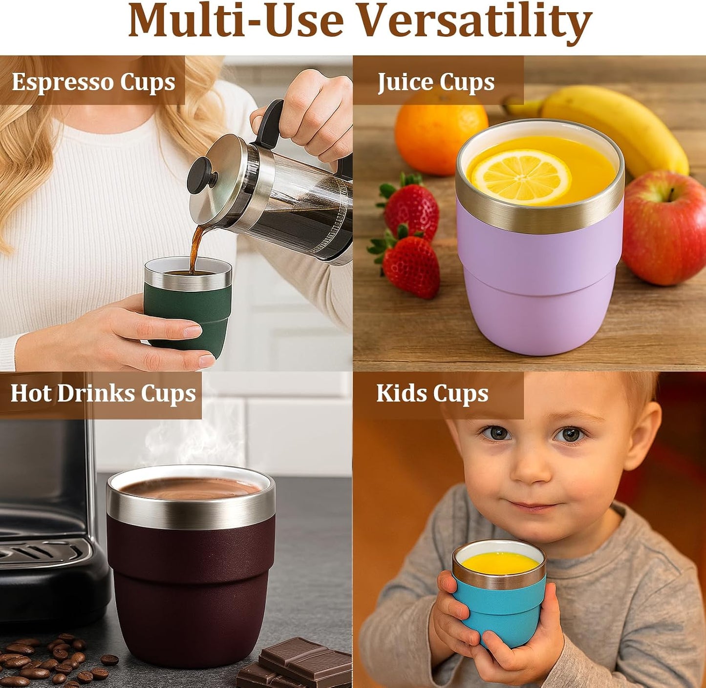 Zenbo 4 oz Espresso/Coffee Cups, Ceramic-Lined Double Wall Vacuum Insulated 18/8 Stainless Steel, Stackable &amp; Dishwasher Safe, Space-Saving, Compatible with Most Espresso &amp; Coffee Makers, 2 Pack