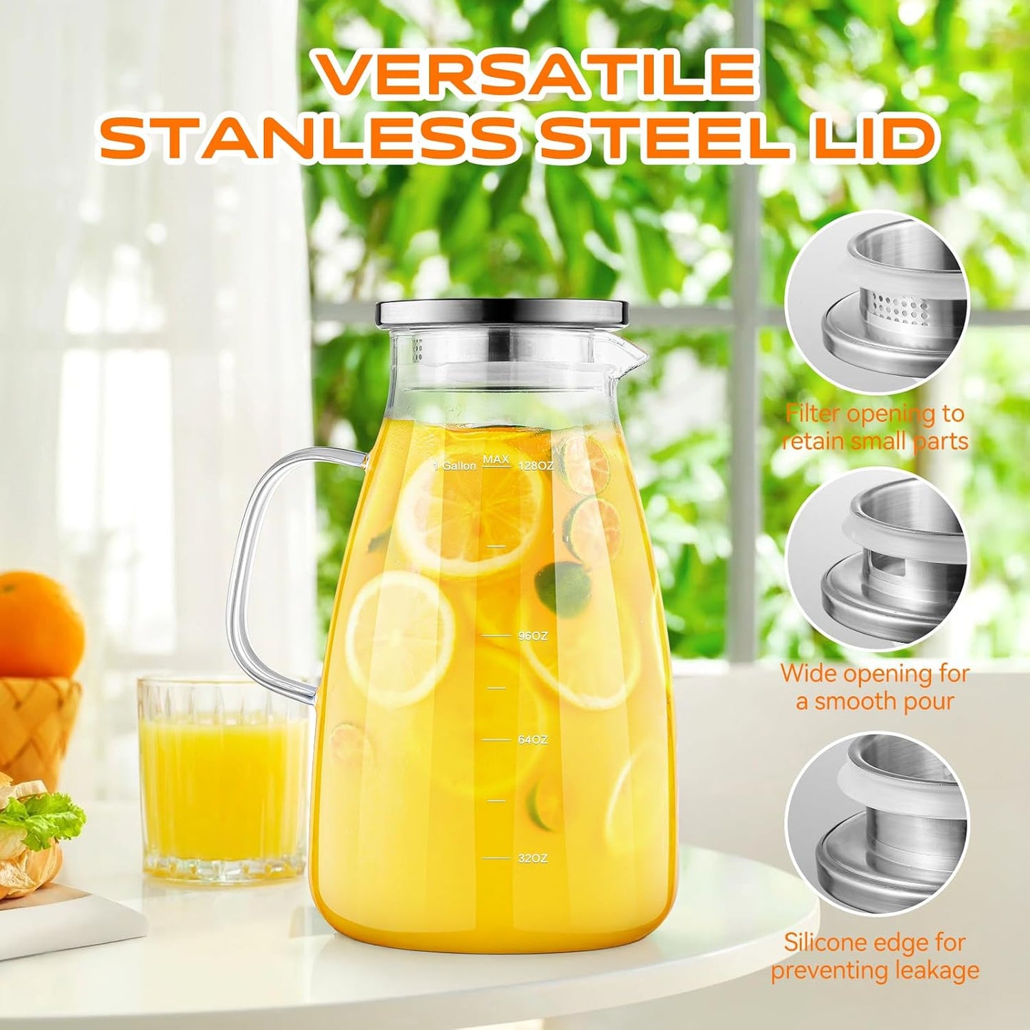 Aofmee Glass Pitcher with Lid and Handle, Glass Water Pitchers, 1 Gallon | Thickened Borosilicate Glass Iced Tea Pitcher, Drip-free Spout, Heat Resistant, Stovetop Dishwasher Safe Jug Jar