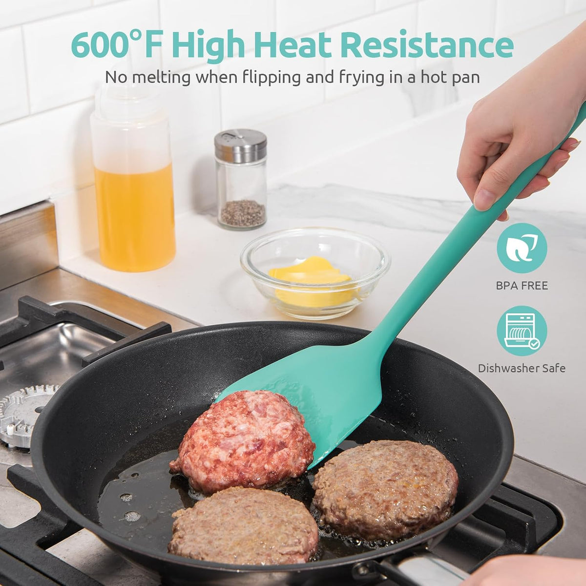 U-Taste Silicone Turner Cooking Spatula, 13.6" Long/3.7" Wide, Aqua Sky | 600ºF Heat Resistant Food Grade Silicone Kitchen Utensils, Flexible Egg Flipper &amp; Pancake Spatula Turner for Non Stick Pans