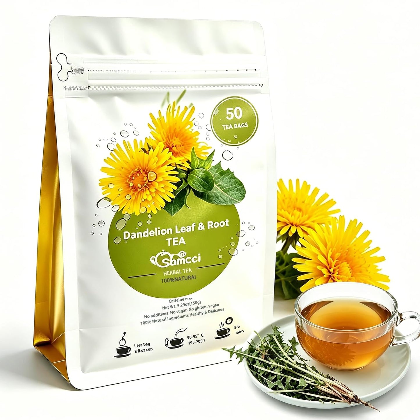 Samcci - Dandelion Leaf &amp; Root Tea Bags, 50 Count, Dandelion Herbal Tea | Balanced herbal blend tea for liver &amp; kidney health, Caffeine-Free, Vegan, No Sugar