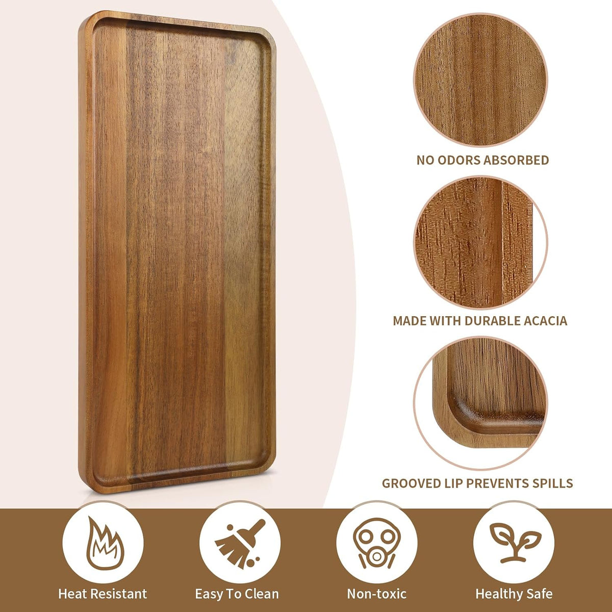 15.7" x 7" Large Solid Acacia Wood Serving Tray Rectangular Wooden Serving Platter Natural Wooden Board for Bar Coffee Party (1)