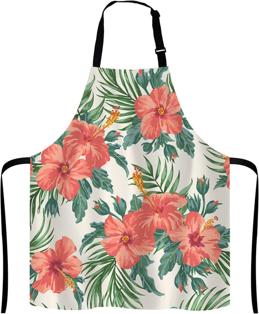 Tropical Leaves and Hawaiian Flower Bib Apron with Adjustable Neck for Men Women,Suitable for Home Kitchen Cooking Waitress