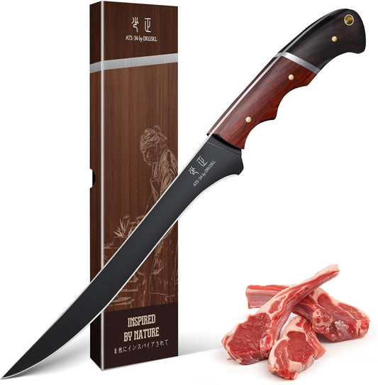 Boning Knife 7 inch - Brisket Trimming Knives for Meat Cutting, Black Butcher Slicing Knives with Full Tang Handle, Kitchen