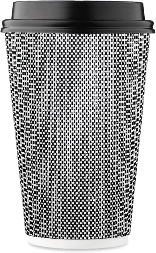 [85 SET]Harvest Pack 16 oz Coffee Cups, Disposable Insulated Coffee Cups, Ripple Double-Walled Paper Cups with Lids, Black