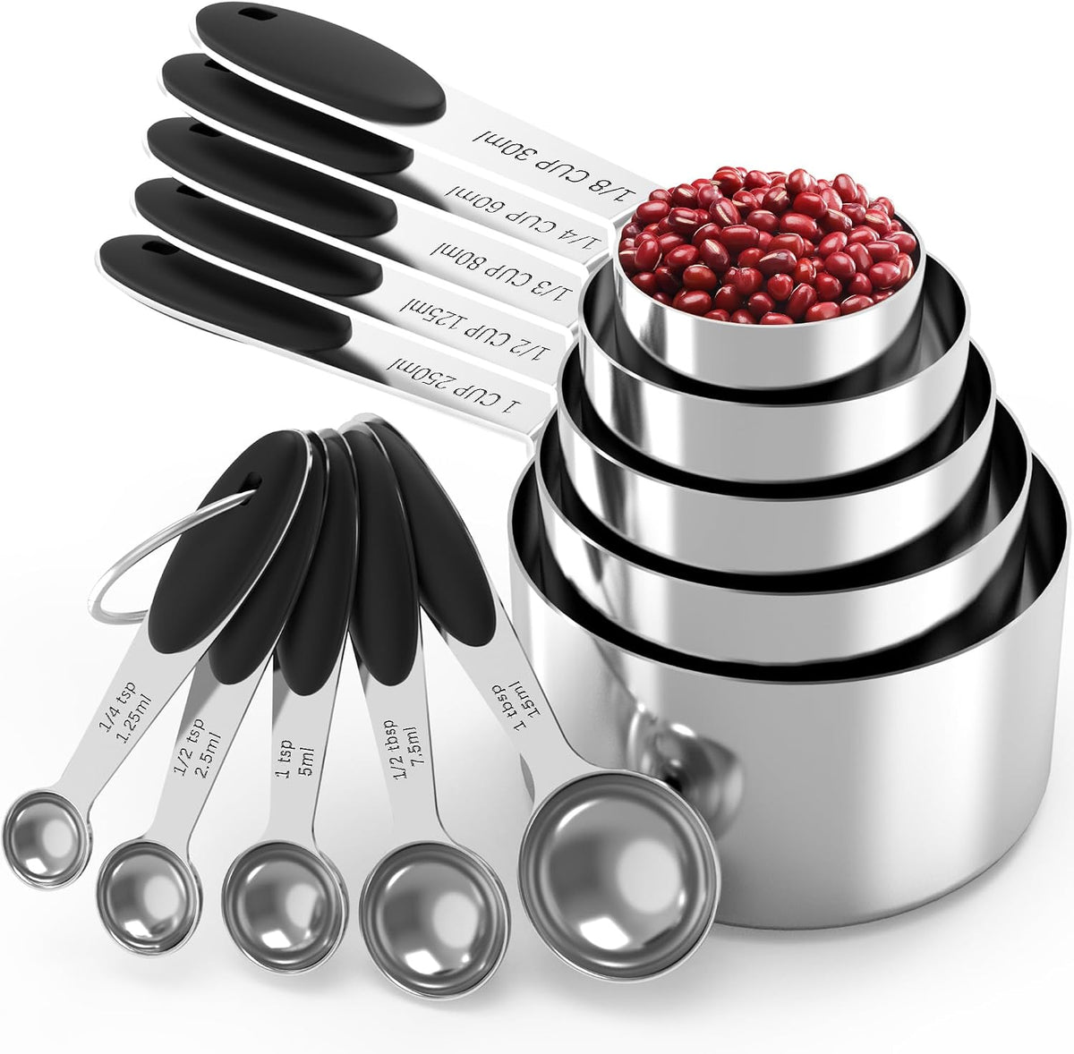 Stainless Steel Measuring Cups and Spoons Set with Silicone Handle – Nesting Design for Space-Saving, Heavy Duty &amp; Dishwasher Safe for Dry/Liquid Ingredients, Cooking &amp; Baking (10)