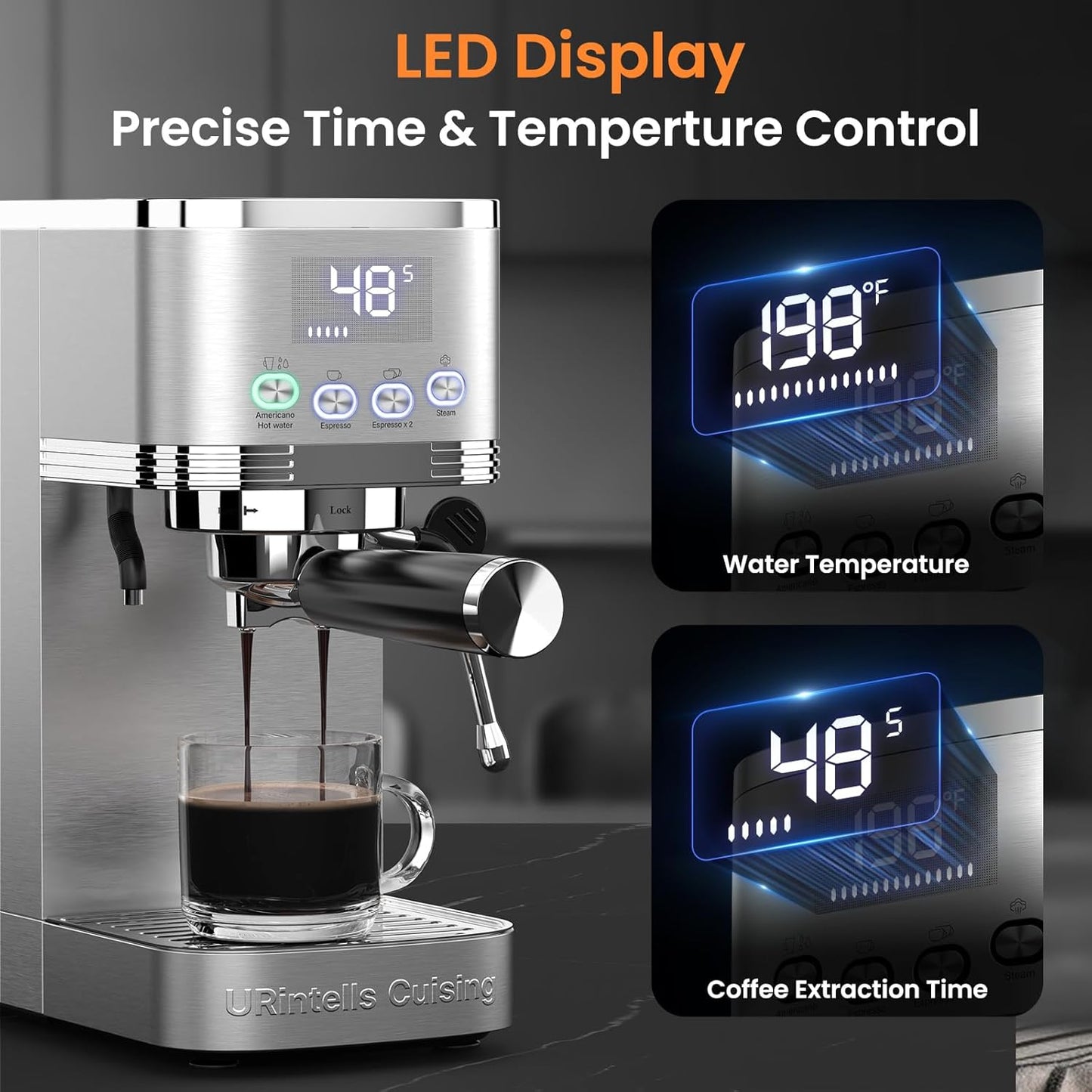 Espresso Machine 20 Bar Temperature Control LED Display Expresso Machine for Home with Steam Milk Frother for Cappuccino Latte Stainless Steel