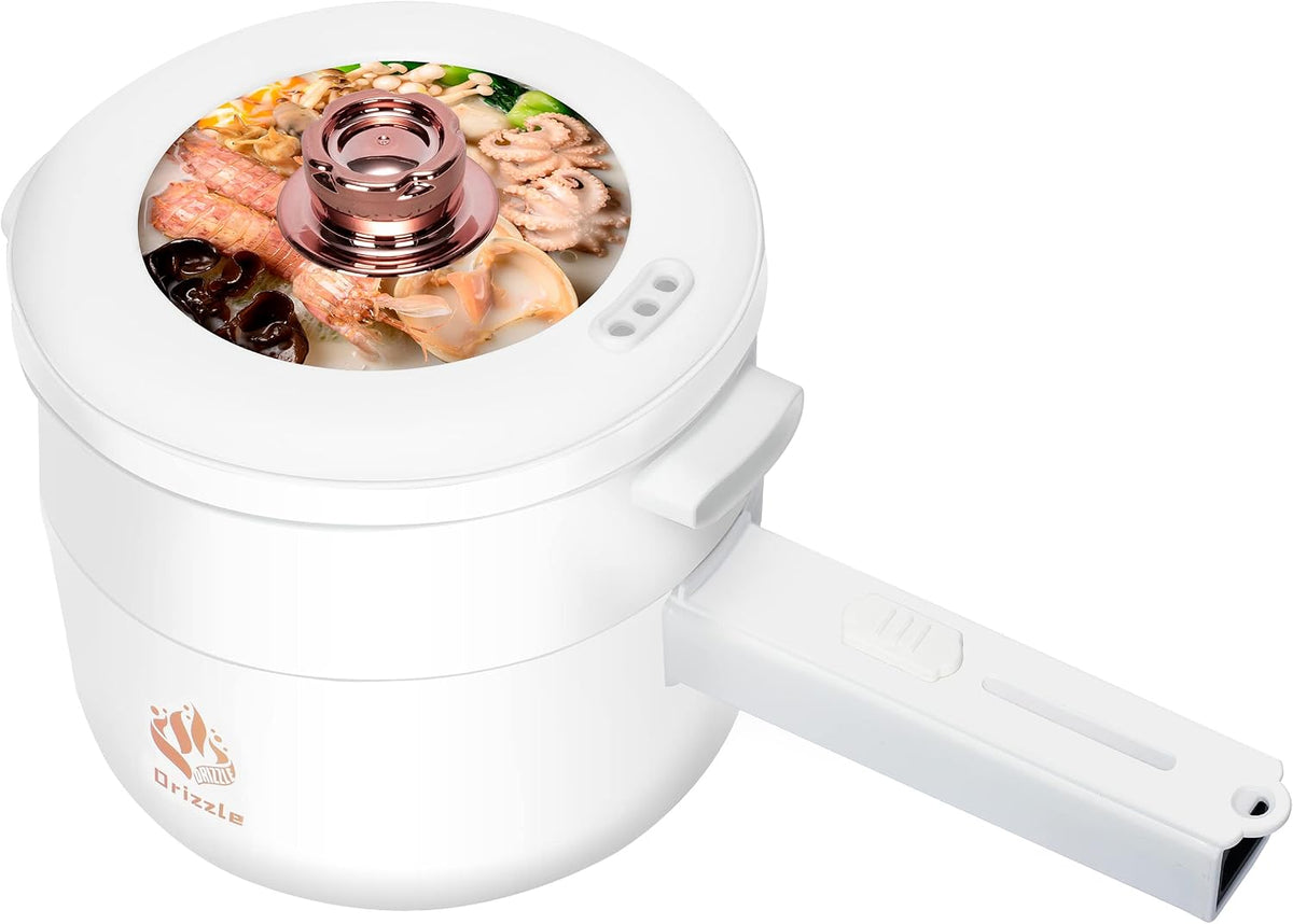 Drizzle Electric Hot Pot Cooker 1.7L Mini Skillet NonStick Coating Stir Fry Food Maker 110V Portable Cookerware Dorm Cooking With Steamer for Personal Ramen Boiling Steak Egg Oatmeal Soup Shabu