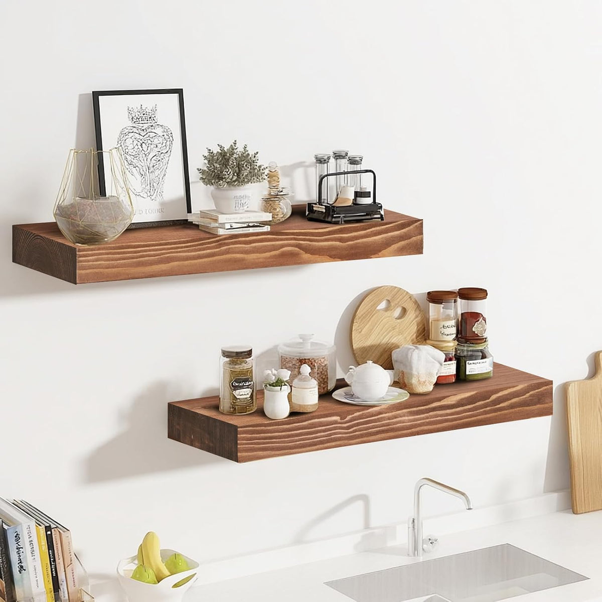 Solid Wood Floating Shelves, 17 Inch Wall Shelves, Set of 2, Brown