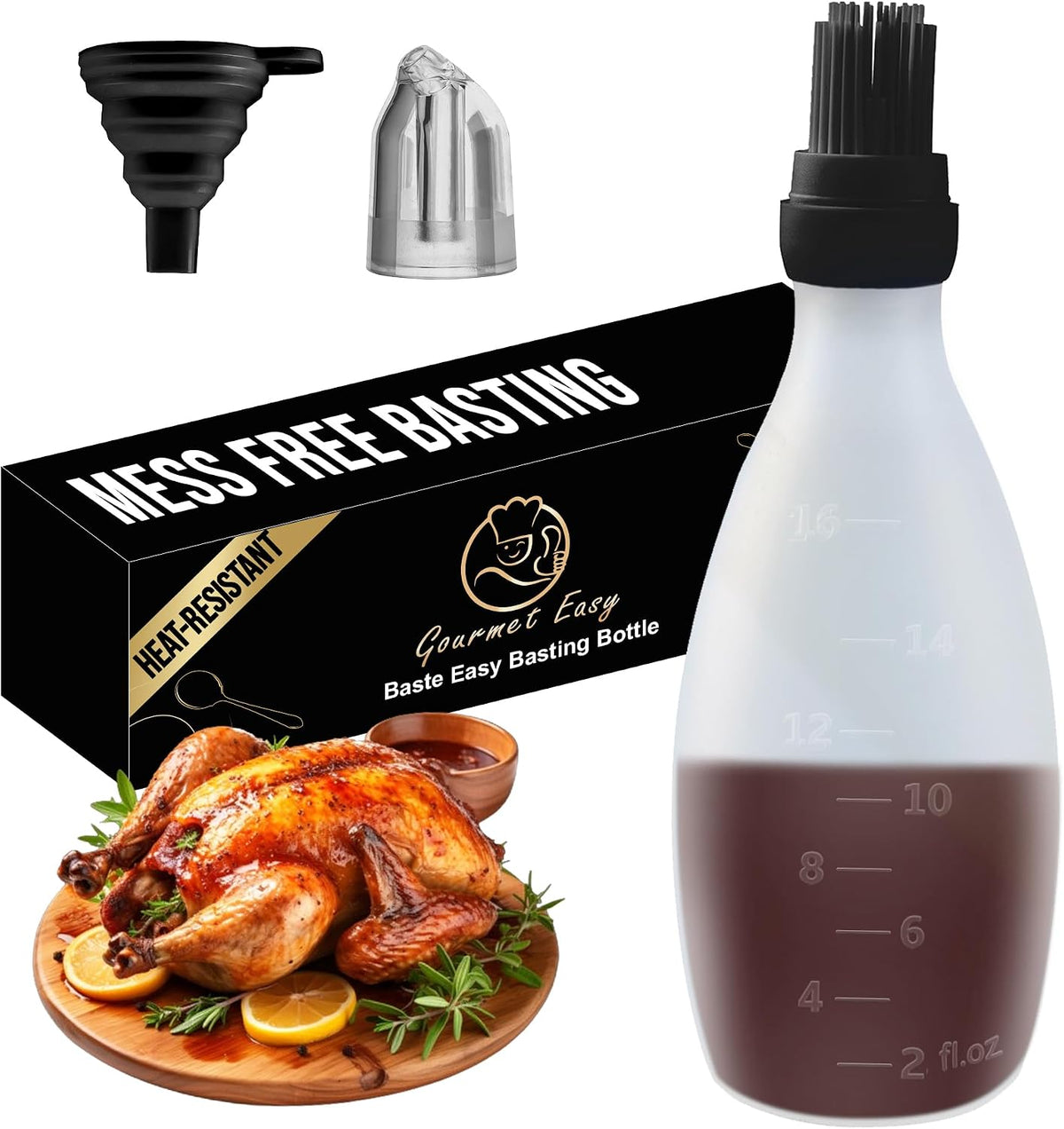 Gourmet Easy BBQ Sauce Bottle with Silicone Basting Brush, BPA-Free (Black) | Heat Resistant for Safe Grilling, 16OZ Big Capacity, Dishwasher Safe, Ideal for BBQ, Baking &amp; Roasting, 2-Year Warranty