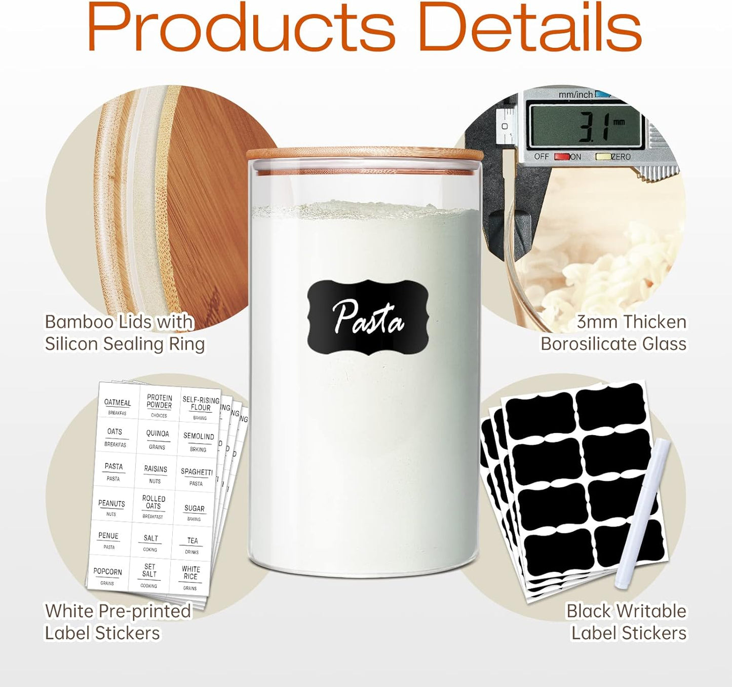 Glass Jars with Bamboo Lids 79 FL OZ [Set of 3], Glass Canisters with Airtight Lids, Glass Food Storage Containers for Spaghetti, Fettuccine, Linguine,Pasta, Best for Kitchen & Pantry