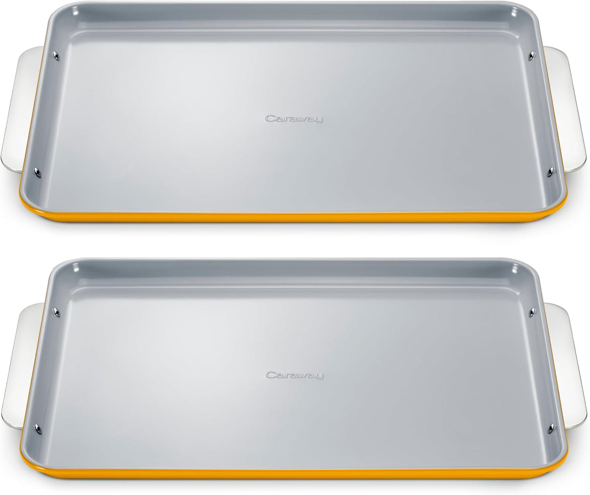 Caraway Non-Stick Ceramic Large Baking Sheet Duo | Naturally Slick Ceramic Coating, Non-Toxic, PTFE and PFOA Free, Perfect for Baking, Roasting, and More, (18" x 13"), Marigold
