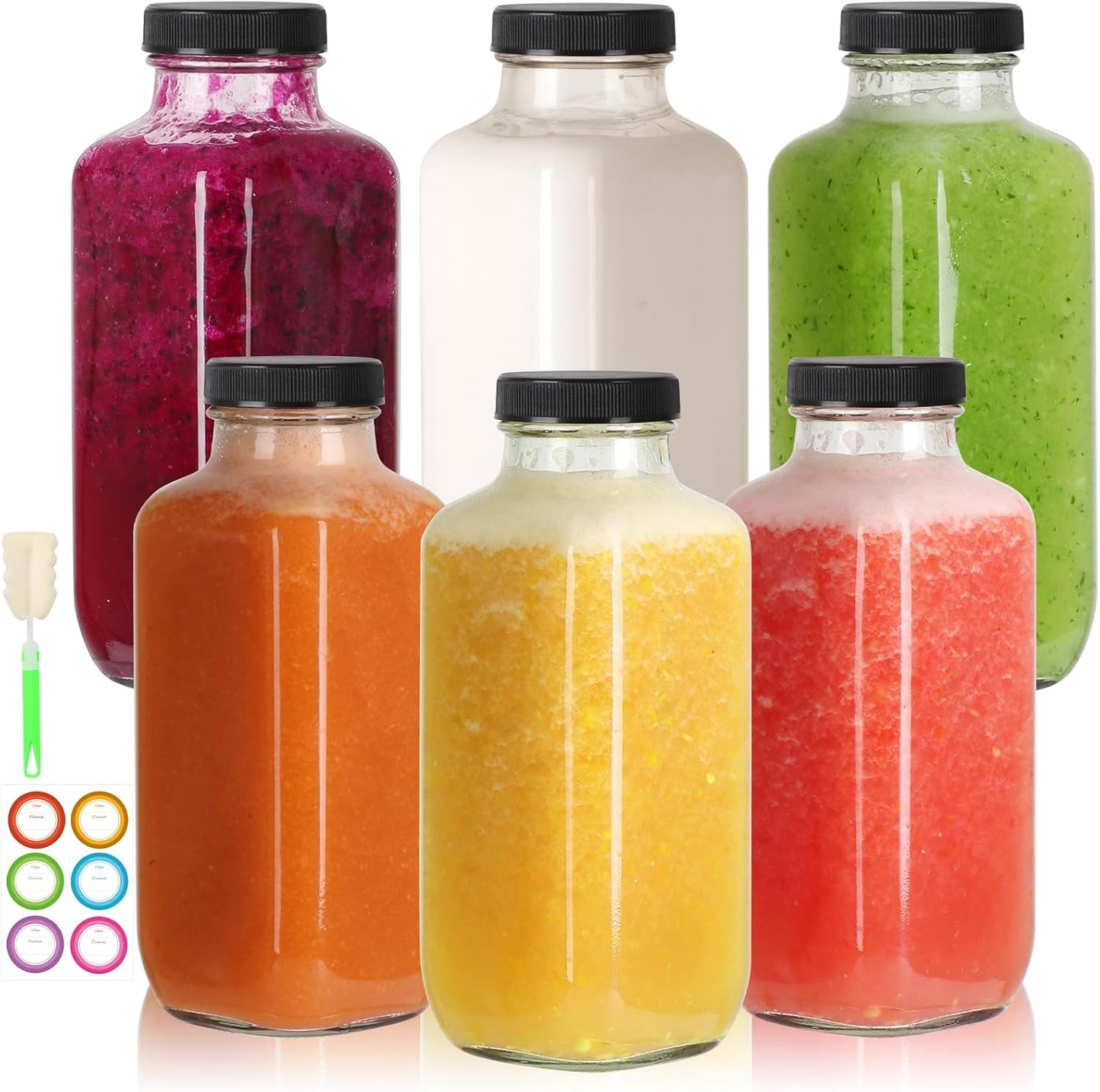 16 oz Glass Juice Bottles with Lids 6 Pack,Reusable Glass Drink Bottles,500ml Water Drinking Jars fo