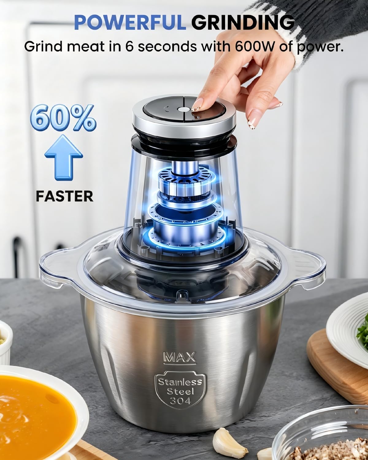 LINKChef Food Chopper, 5 Cup Food Processor Mini Electric, 1.2L 250W Meat Grinder with 4 Bi-Level Blades, Stainless Steel Mincer for Kitchen, Vegetable, Onion, Garlic, Salad, Baby Food, Fruit, Nuts