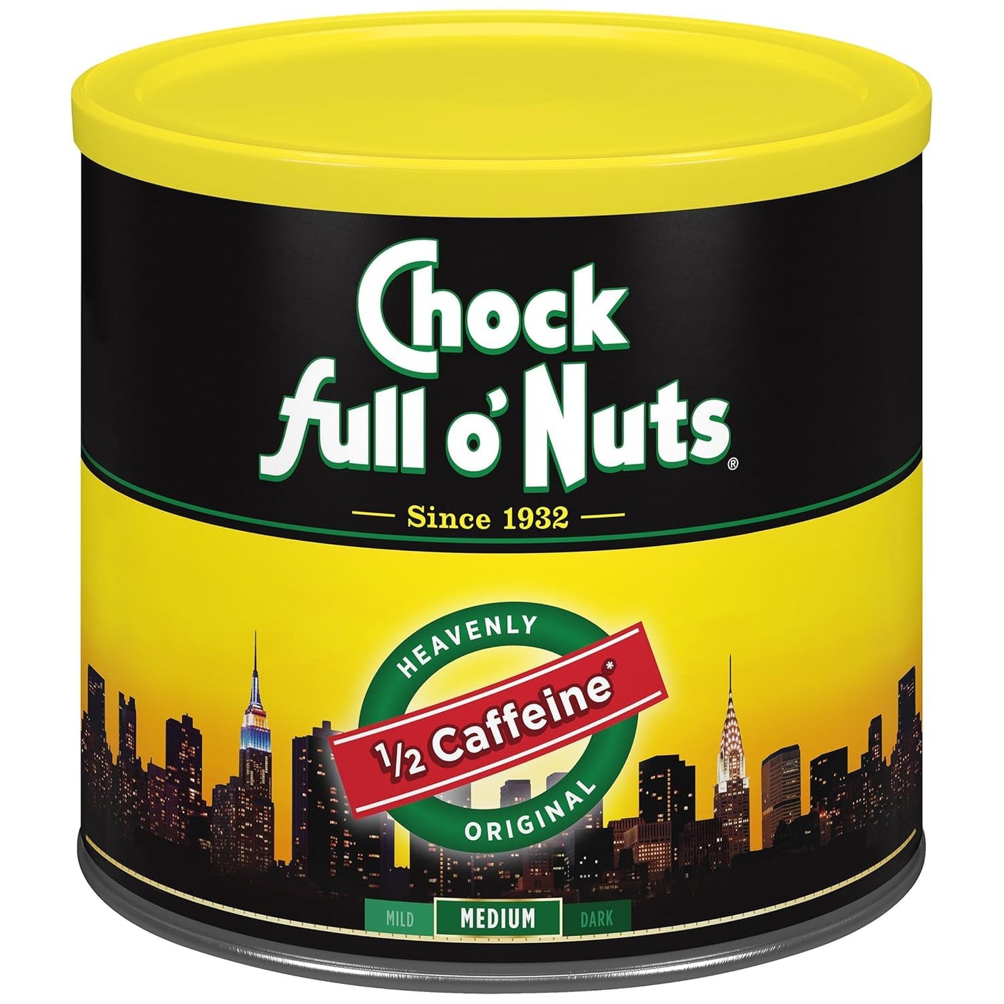 Chock Full o' Nuts Heavenly Original Half Caffeine Ground Coffee – Premium Beans in Recyclable Steel Can – Rich Flavor &amp; Aroma, Medium Roast – Perfect for Drip, Pour-Over, Percolator – 24 Oz Can