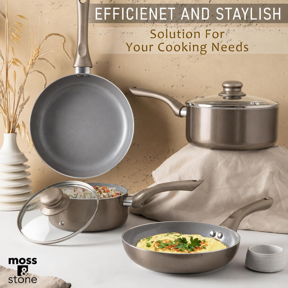 Moss & Stone 6 Pcs Dark Grey Nonstick Cookware Set, Pots And Pans Set Non stick With Glass Lid, Induction Cookware, Stay-Cool Handle PTFE/PFOA Kitchen Pots 6-Piece with Frying Pans & Saucepan