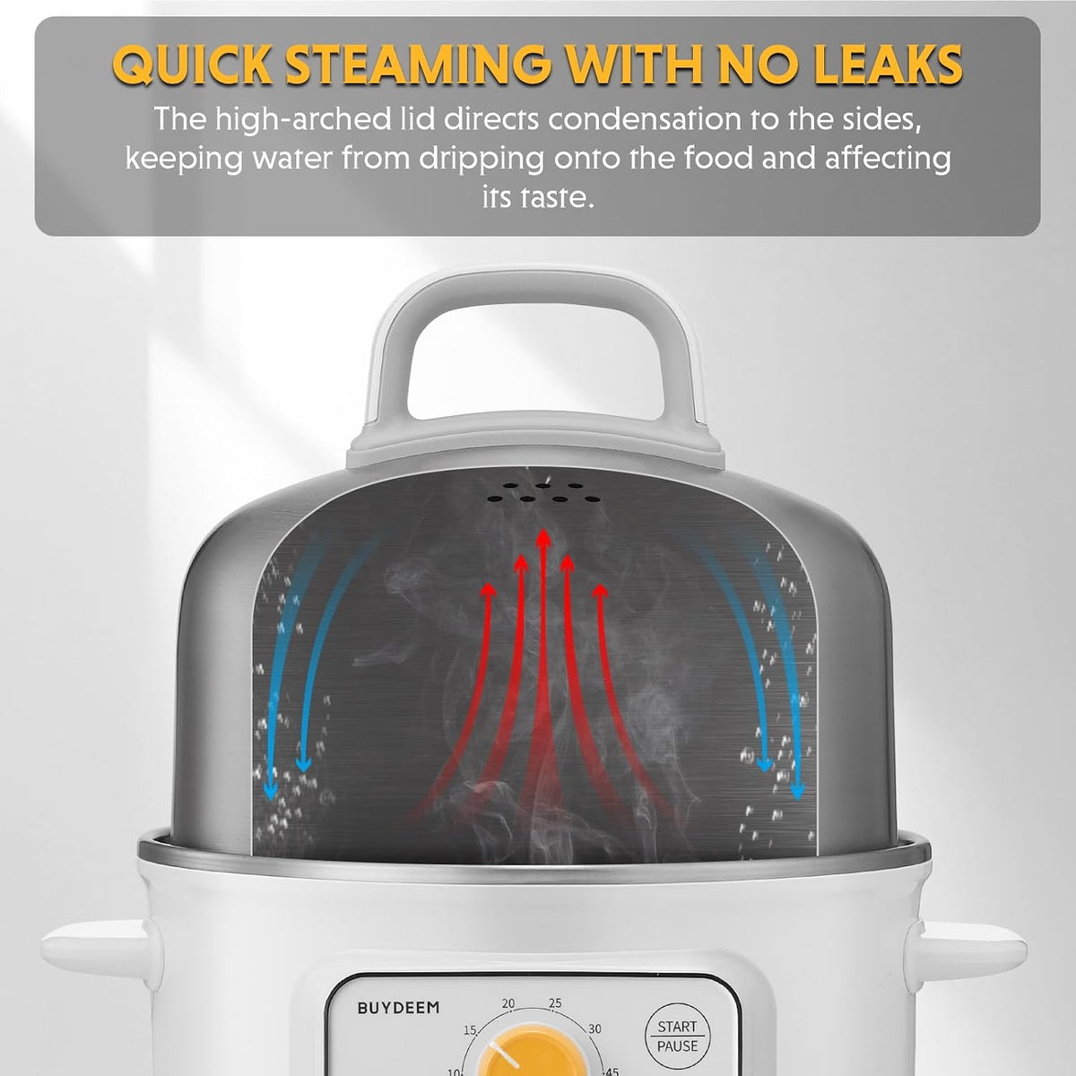 BUYDEEM G32 Electric Food Steamer 1.6QT, Stainless Steel Steamer for Vegetable Egg Seafood, 8 Time Settings, Triple Dry Protection, Quick Steam, Healthy Cooking for 1-2 Servings, Arctic White