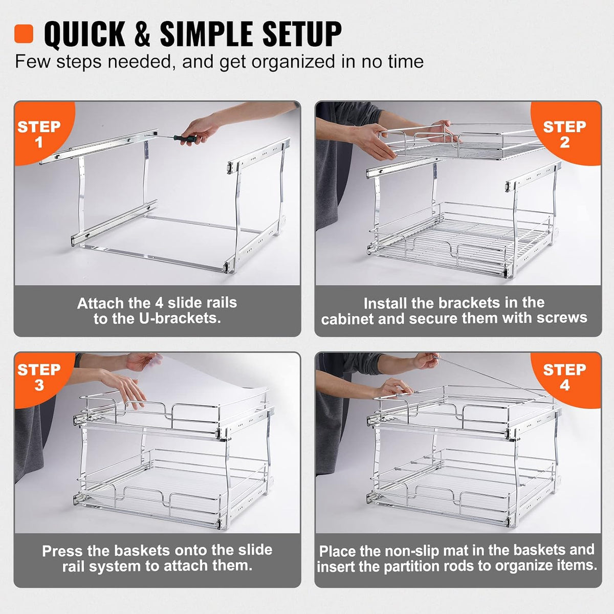 VEVOR 2 Tier 20"Wx21.2"Dx15.2"HPull Out Cabinet Organizer, Heavy Duty Slide Out Pantry Shelves, Steel Roll Out Drawers, Sliding Drawer Storage for Home, 21.5"Wx22.5"Dx19"H Install Size for Cabinet