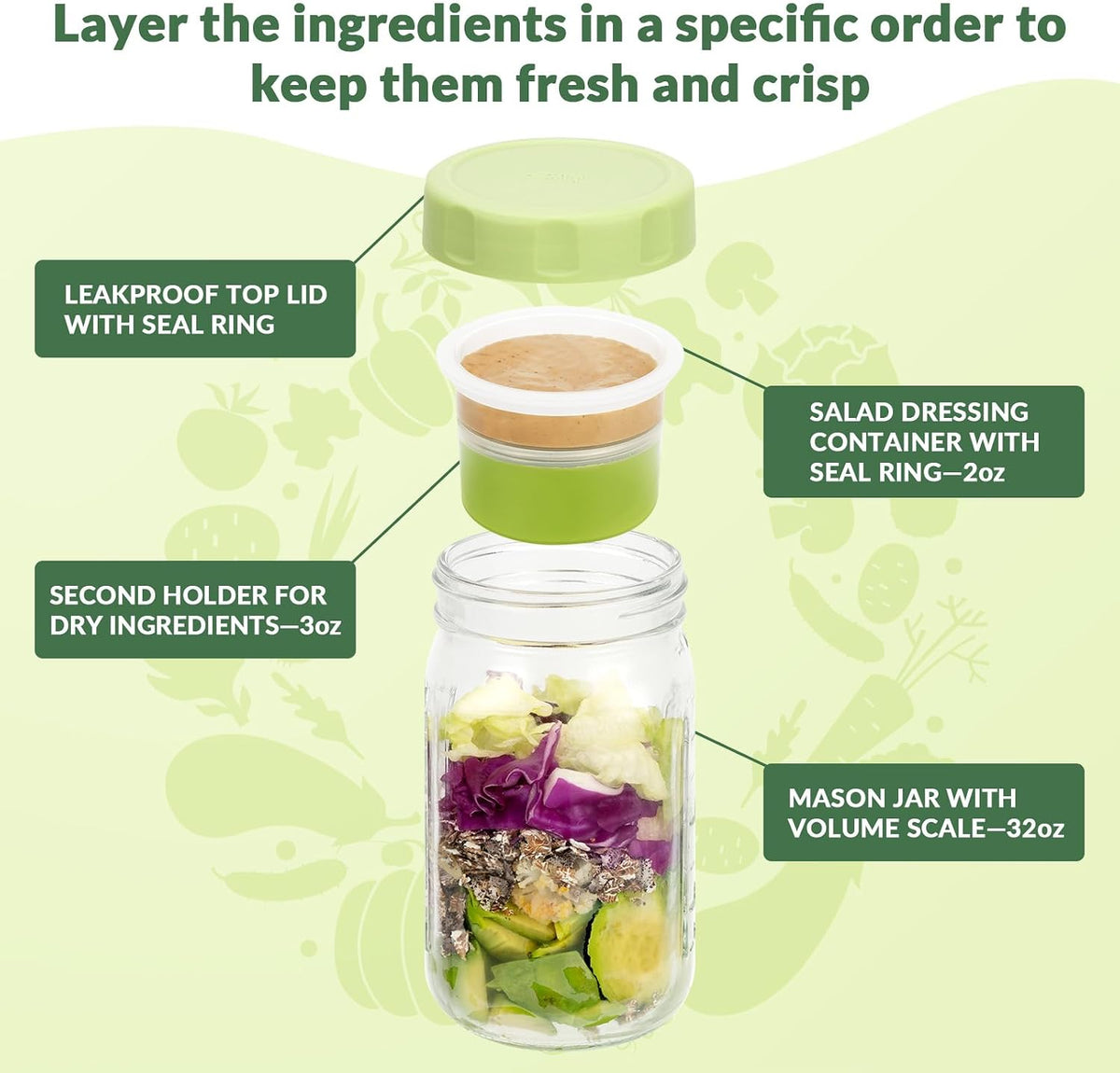 SOLIGT 4 Pack Glass Salad Jars with Lids Meal Prep, Wet/Dry Separation