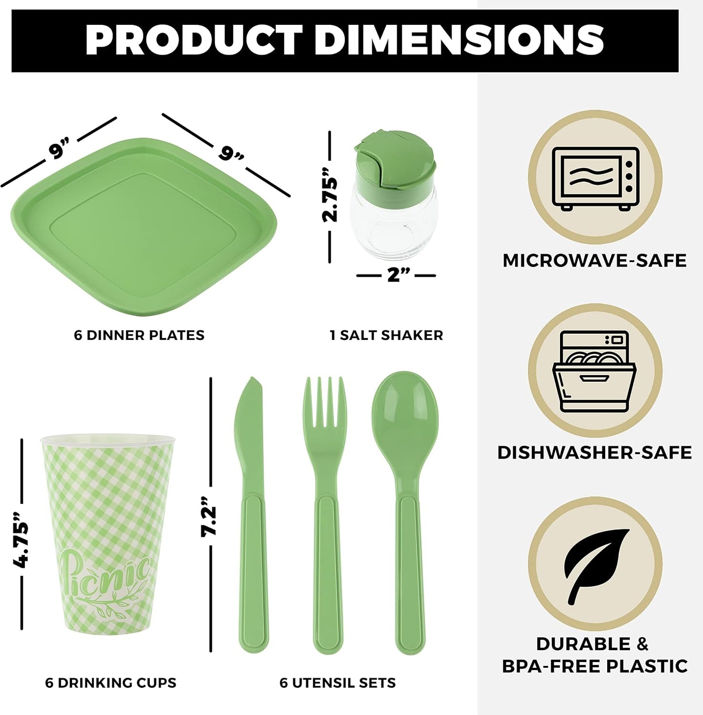 Tribello Camping Picnic Dishes Set with Case, 32 Plastic Reusable Cutlery - BPA Free, Microwave / Dishwasher Safe