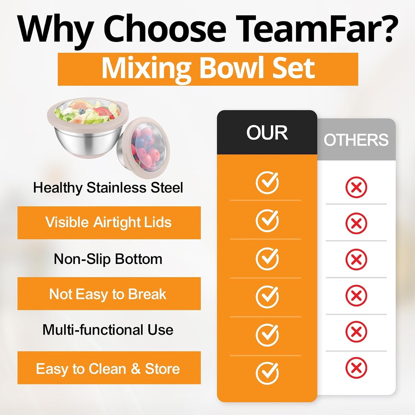 TeamFar Mixing Bowls, Salad Bowls with Transparent Airtight Lids, Khaki | 5PCS Stainless Steel Serving Bowls For Kitchen Mixing/Baking/Storing/Prepping, Non-Slip Bottom - 4.6/3.5/1.5/1 / 0.7 QT