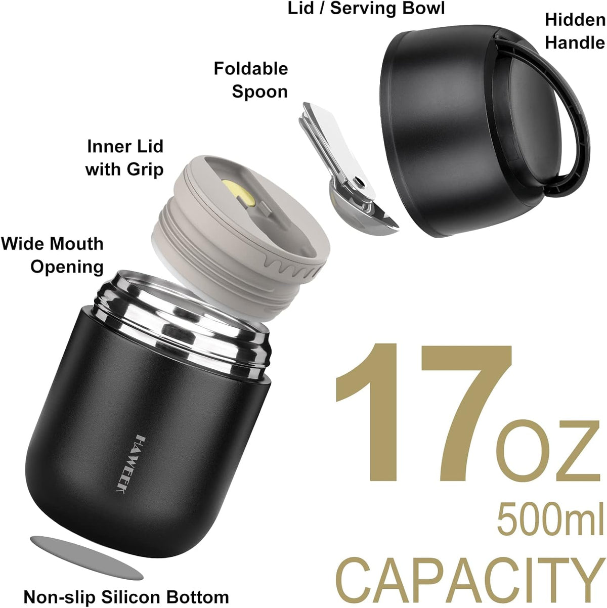 Insulated Food Container 17 oz Soup Thermo for Hot Food Kids Adults, Stainless Steel Vacuum Lunch Box with Folding Spoon, Adult Kids Thermo Portable with Handle for School, Office, Outdoor