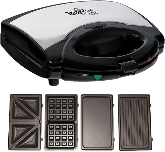 Koolatron Total Chef 4-in-1 Countertop Grill Plus Open Griddle, Sandwich Press, Waffle Maker, Healthy Family Cooking, Home, Dorm or RV, Black, silver, 20 Lbs., (TCG08G-CA)
