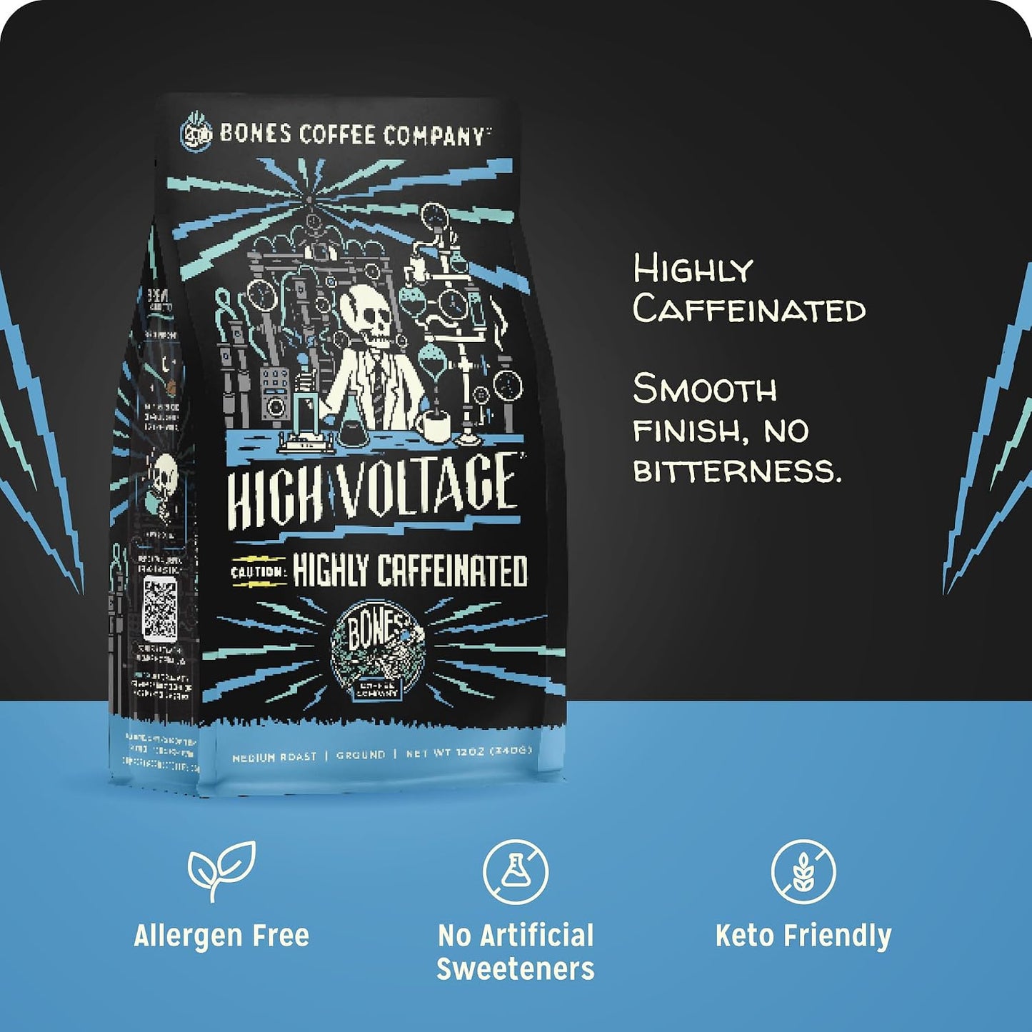 Bones Coffee Company High Voltage, Highly Caffeinated Unflavored Coffee, Medium Roast Low Acid Arabica Beans Compatible with Auto drip and French Press Coffee Maker, 12 Oz Ground