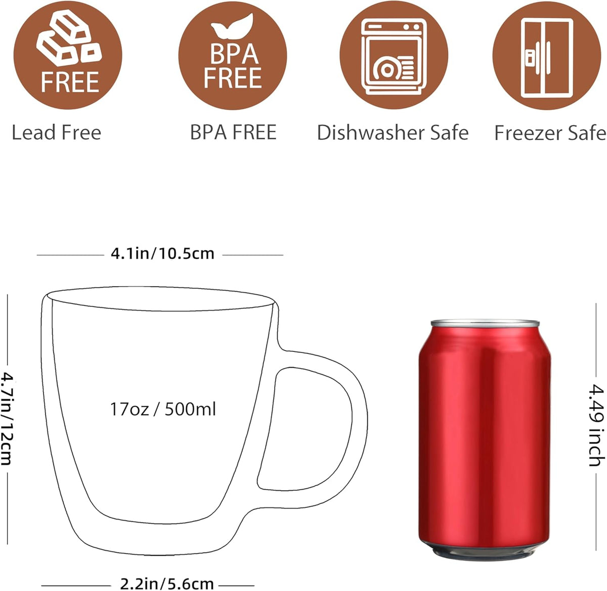 CNGLASS Large Double Wall Glass Coffee Mug 17 oz,Insulated Glass Coffee Cups with Handle,Set of 1