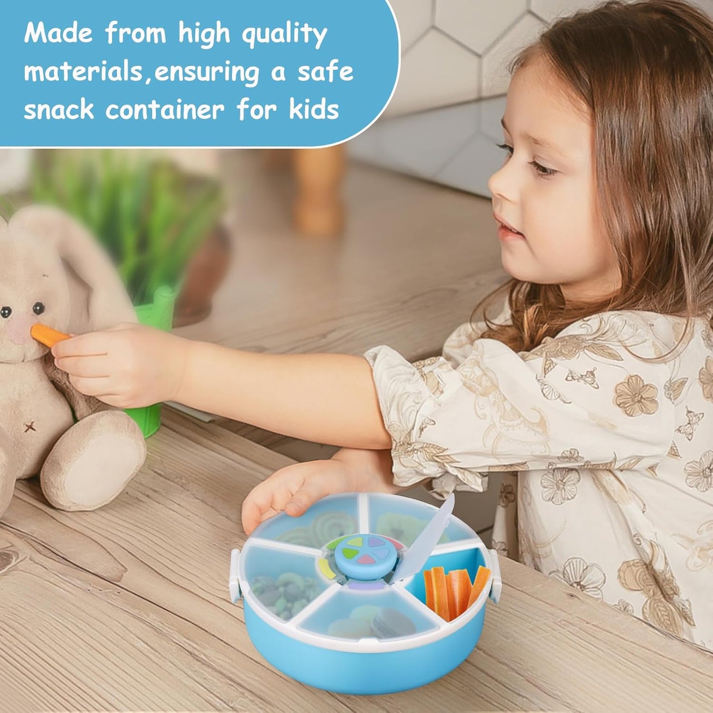 Kids' Rotating Snack Container Set – 2-Pack, Includes 1 Rotating Snack Container & 1 Round Sectioned Snack Box, BPA-Free, Dishwasher Safe, Perfect for Travel-Blue