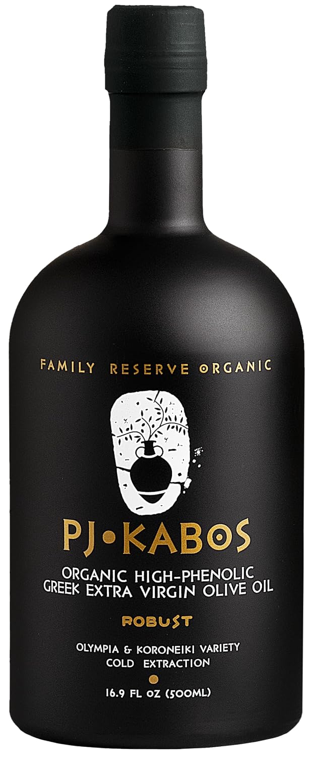 PJ KABOS Very High Phenolic (699 mg/kg), USDA Organic Greek Extra Virgin Olive Oil, Kosher, Greece, Cold Extracted, 16.9oz Bottle, Family Reserve Organic - Robust