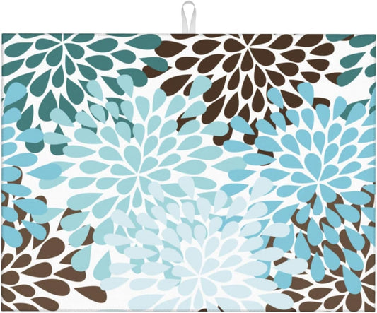 Blue Gray Dahlia Flowers Dish Drying Mat 18x24 inch for Kitchen Spring Floral Dishes Pad Dish Drainer Rack Mats Absorbent