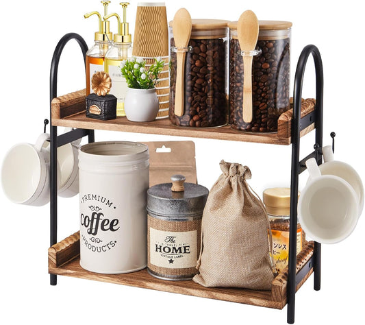 Coffee Bar Accessories, 2-Tier Coffee Bar Organizer with 4 Coffee Cup Holder Hooks, Mul-tifunctional Wooden Beaded Coffee