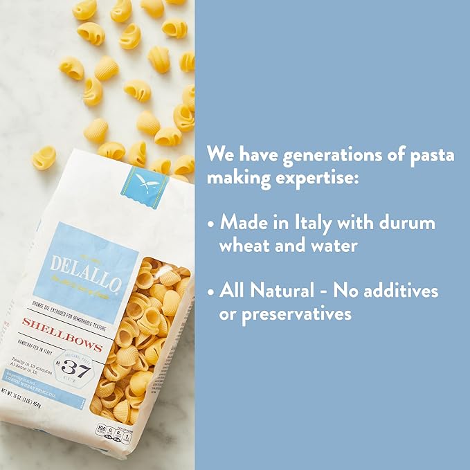 DeLallo Shellbows Semolina Pasta, 1 Pound Bag, 7 Pack, Product of Italy, Made with Durum Wheat Flour, Shell-Shaped Noodles