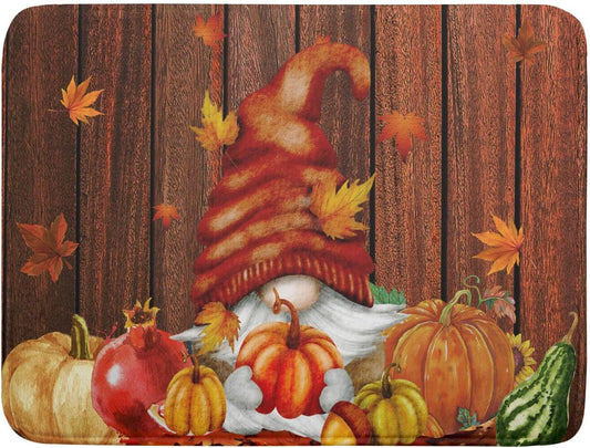 Fall Gnome Dish Drying Mat for Kitchen Counter,Autumn Pumpkin Maple Leaves Drying Mat 18 x 24 Inch Microfiber Dark Brown