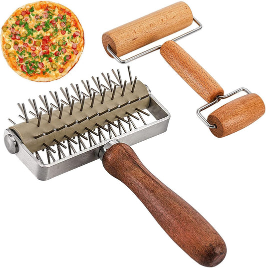 Dough Docker Roller Stainless Steel and Wooden Dough Roller, Set of 2 Pizza Pin Roller Dough Hole Maker Wood Pastry Pizza