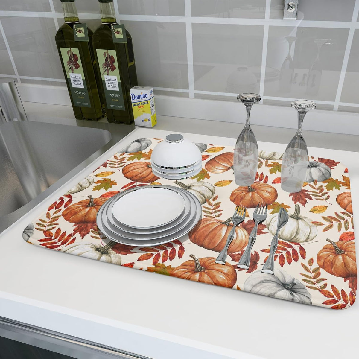 Fall Dish Drying Mat for Kitchen Counter 18x24 Inch Fall Pumpkin Kitchen Mat Thanksgiving Harvest Drying Mats Absorbent Reversible Dish Pad Autumn Maple Leaves Draining Mat for Countertop Protector