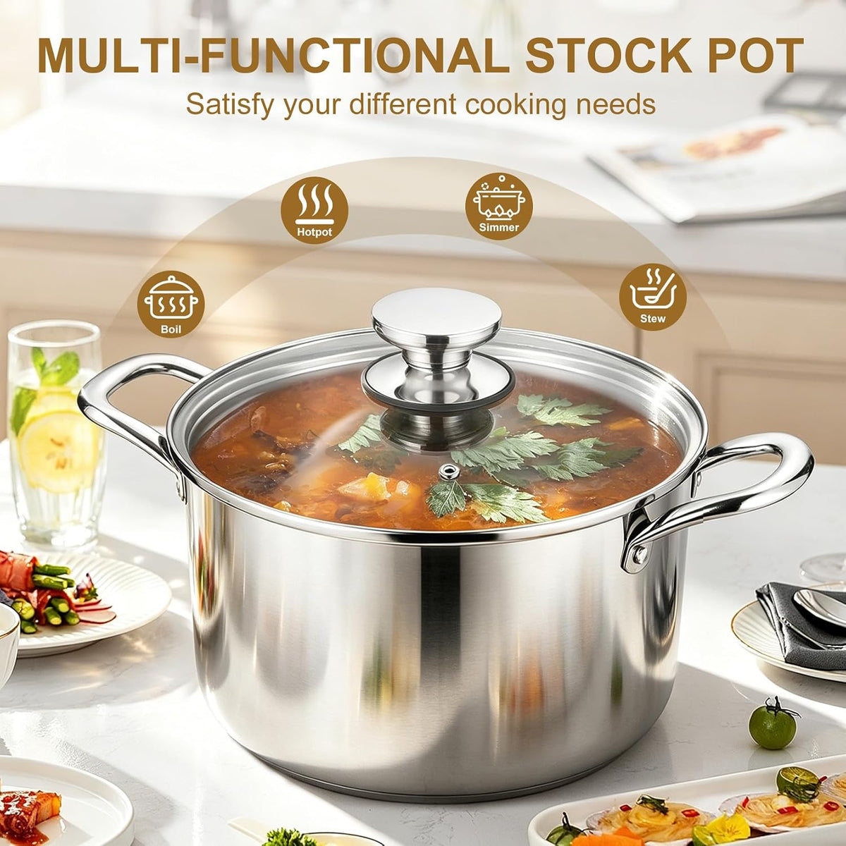 P&P CHEF 8 Quart Tri-Ply Stainless Steel Stock Pot, 8 Qt Stockpot Pasta Cooking Pot with Visible Lid for Soup Vegetable, Induction Cookware for All Stoves, Sturdy & Double Handle, Dishwasher Safe