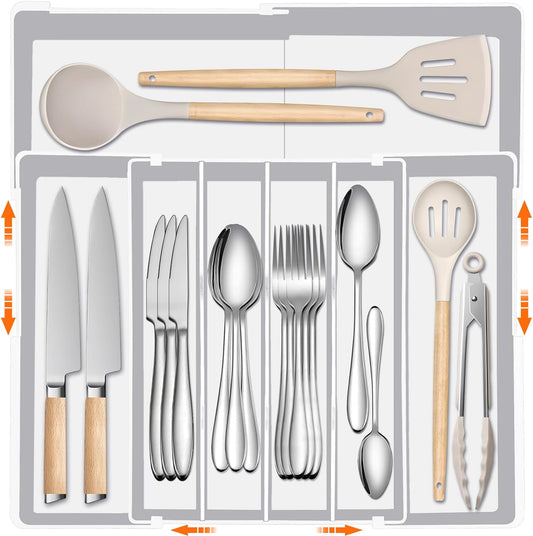 Silverware Organizer - Expandable Silverware Tray for Drawer, Adjustable Utensil Drawer Organizer for Forks, Knives, Kitchen