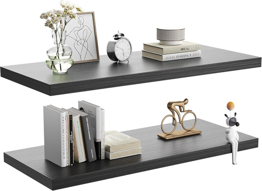 Wall Shelf Set of 2,Dark Wood Floating Shelves 24 in W x 10 in D x 1 in H, Wooden Floating Wall Shelf with Invisible
