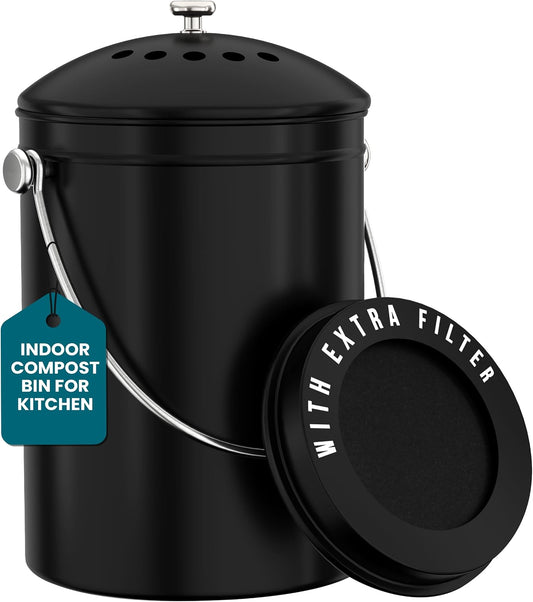 Utopia Kitchen Countertop Compost Bin 1.3 Gallon, Stainless Steel, Black