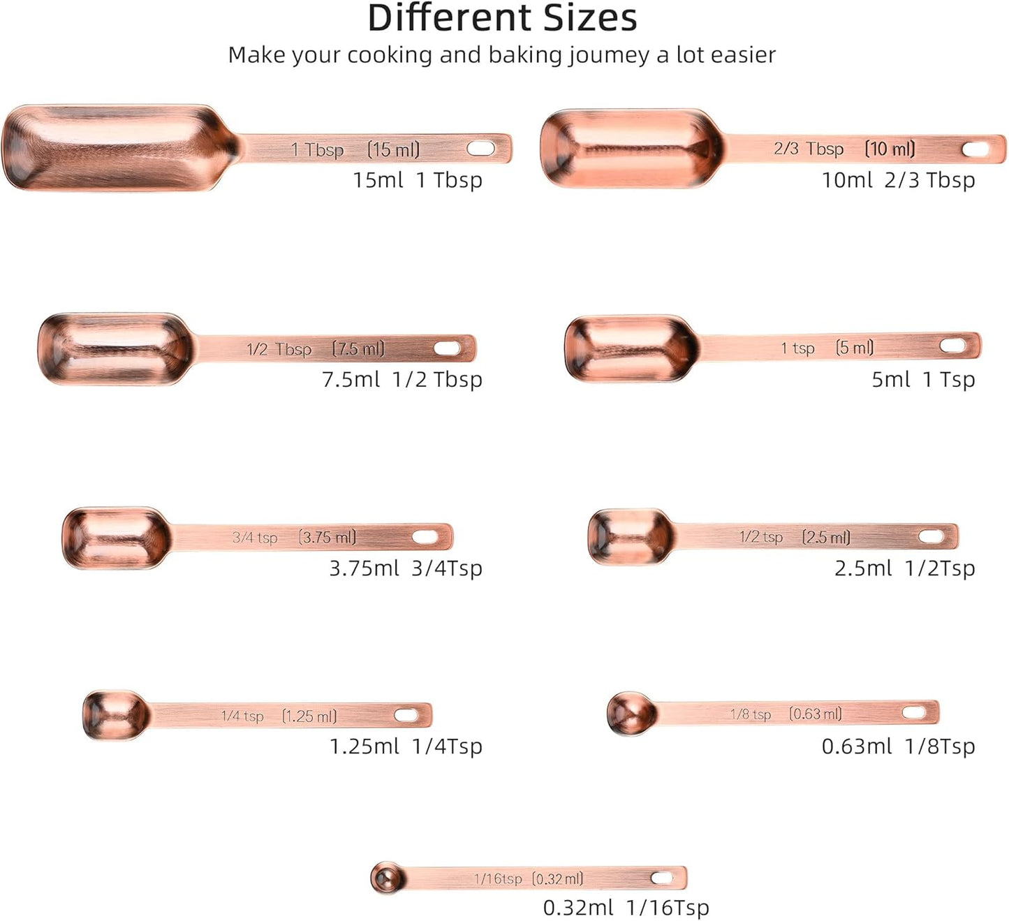 Copper Measuring Spoons Set, Stainless Steel Measuring Spoons Set 10, Metric&US Long Handle Measure Spoons for Kitchen&Baking, Metal Measure Tools with 1/16Tsp&2/3Tbsp for Spice Jar