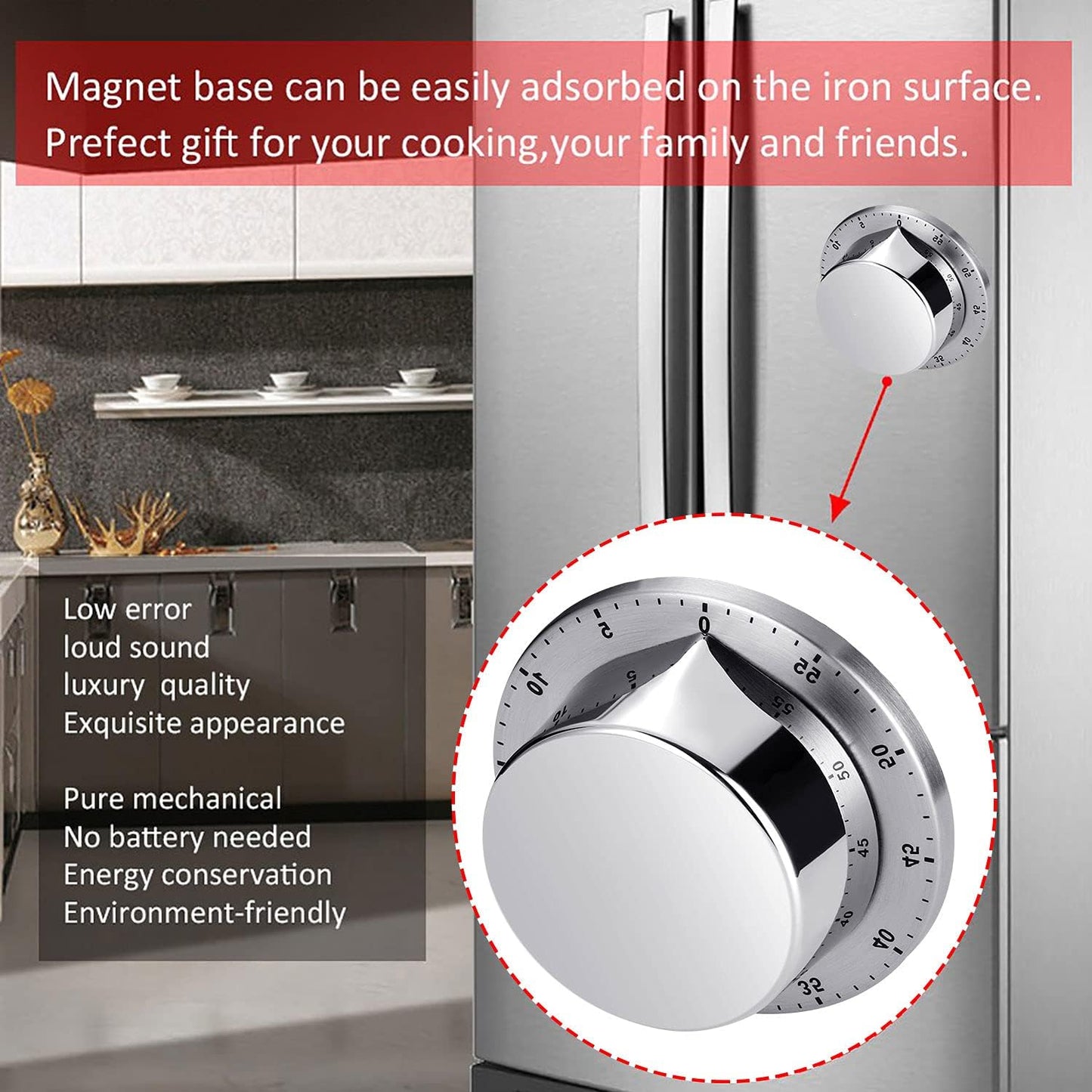 Albayrak Kitchen Timer, Chef Cooking Timer Clock with Loud Alarm, No Batteries Required, 100% Mechanical - Magnetic Backing, Exquisite Stainless Steel Body - Countdown Reminder - Silver 1Pack