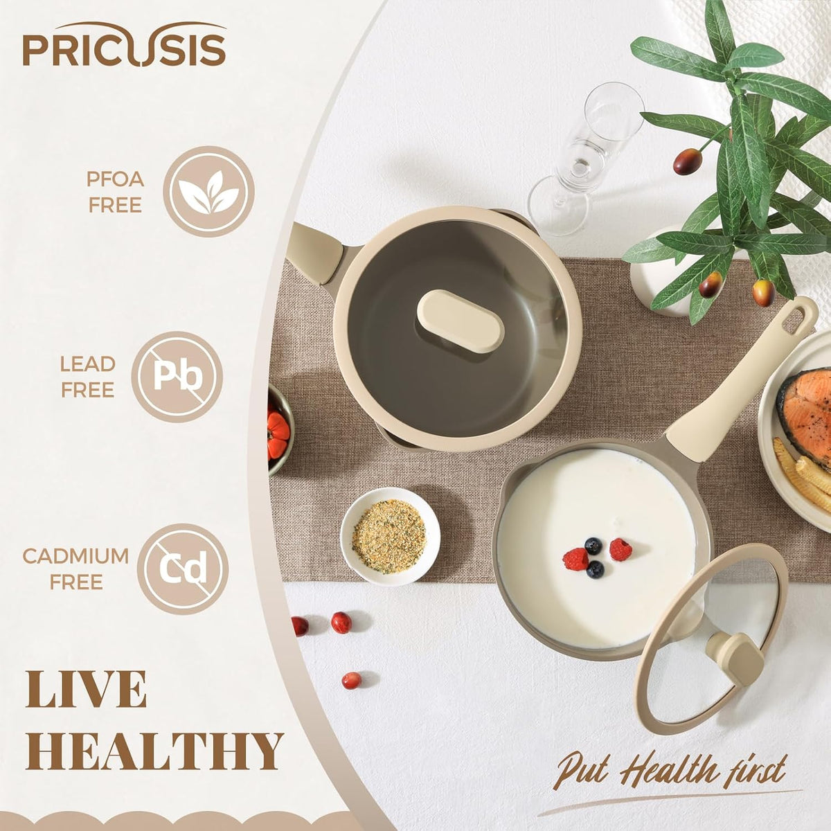 Nonstick Saucepan with Lid, 2 Quart Sauce Pan, Healthy Sauce Pot with Pour Spouts for Multipurpose Use, PTFE, PFOA Free, Induction Compatible, Apricot
