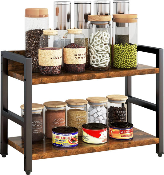 IBUYKE 2-Tier Spice Rack Industrial Counter Shelf Desktop Storage Organizer Standing Seasoning Rack for Countertop Kitchen
