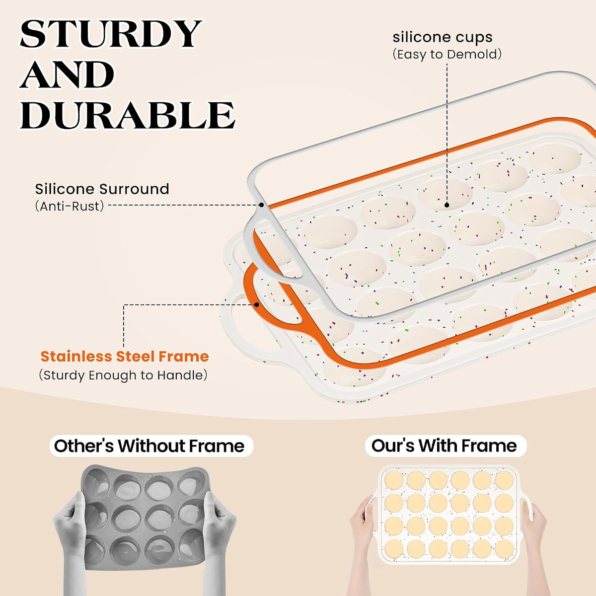 Mini Muffin Pan, 24 Cups, Cream | Metal Reinforced Frame, Nonstick Silicone, Food Grade, With Handles